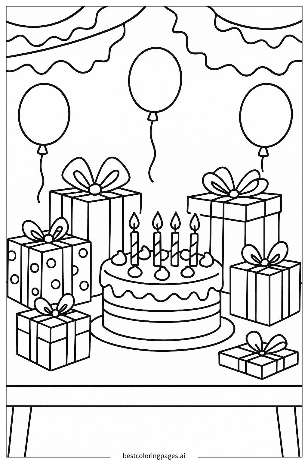 A table with presents and cake