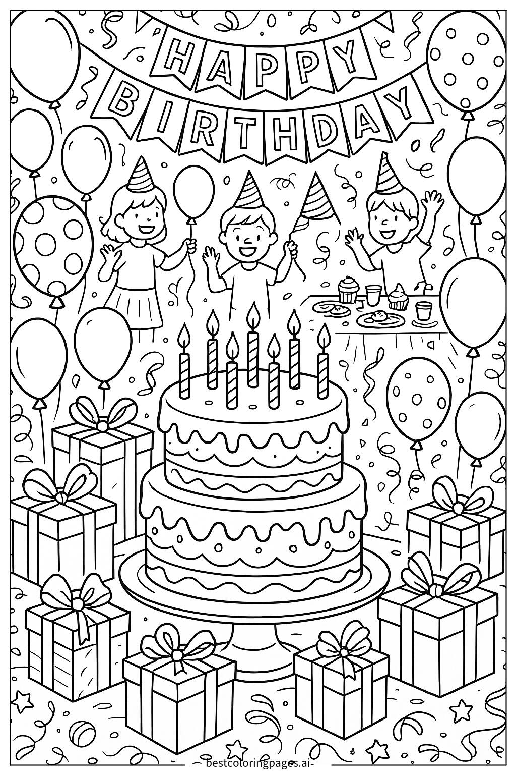 Birthday party with balloons and cake