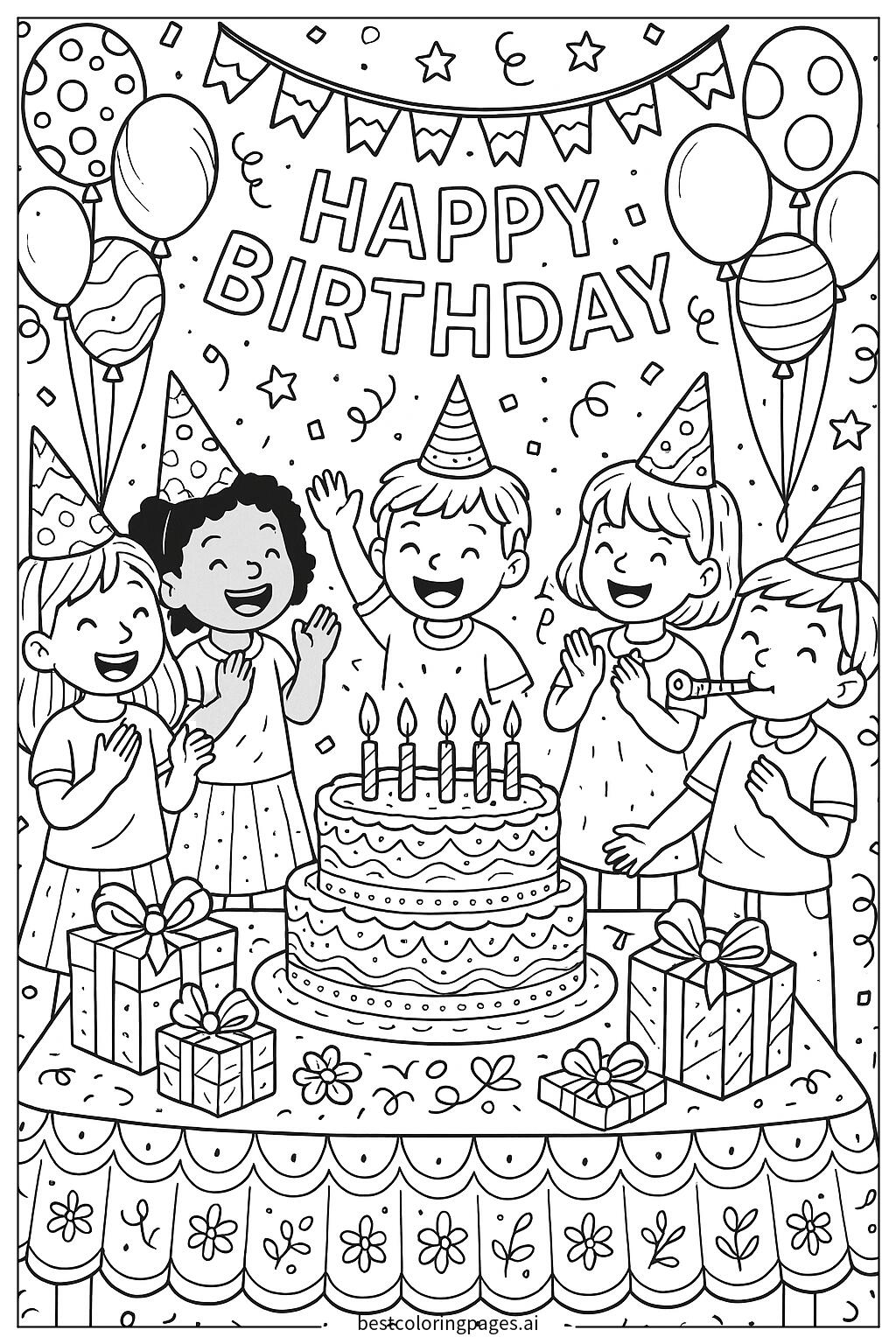 Kids celebrating with balloons and cake