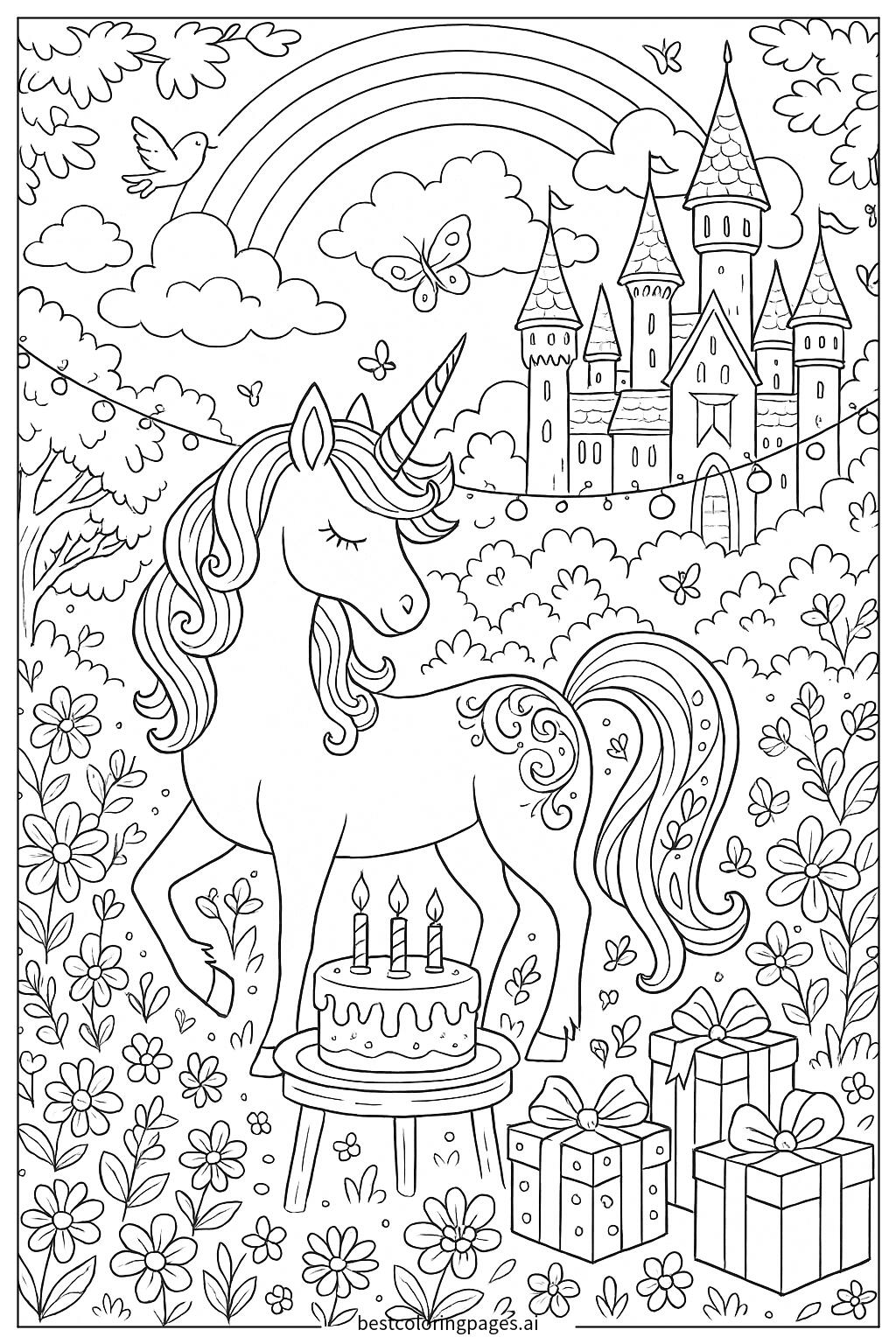 Magical birthday scene with unicorn