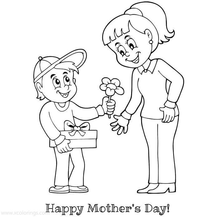 Boy Giving Flowers and Gifts to Mom