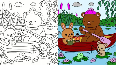 Trang Tô Màu Ấm Áp Với Bạn Bè Trên Xuồng