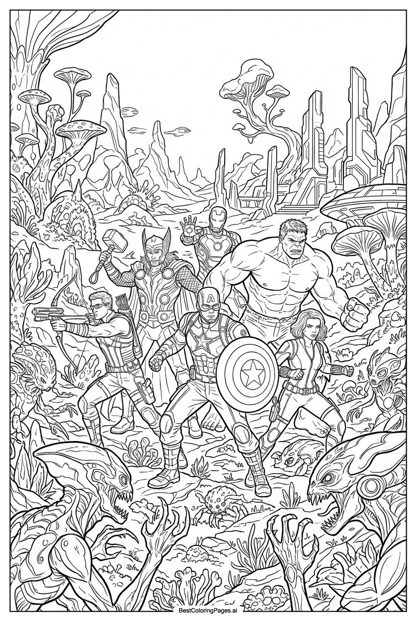 Avengers fighting in alien world