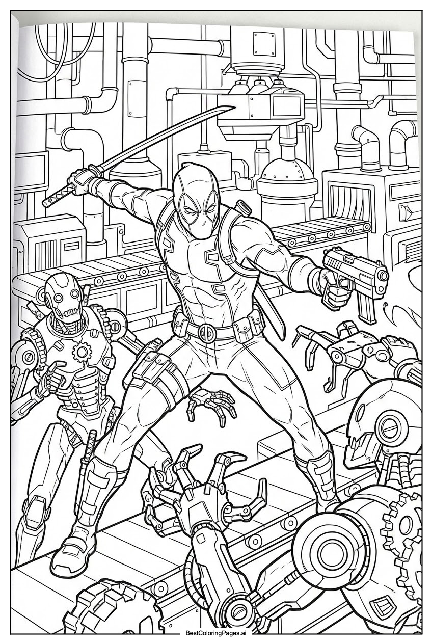 Deadpool fighting robots