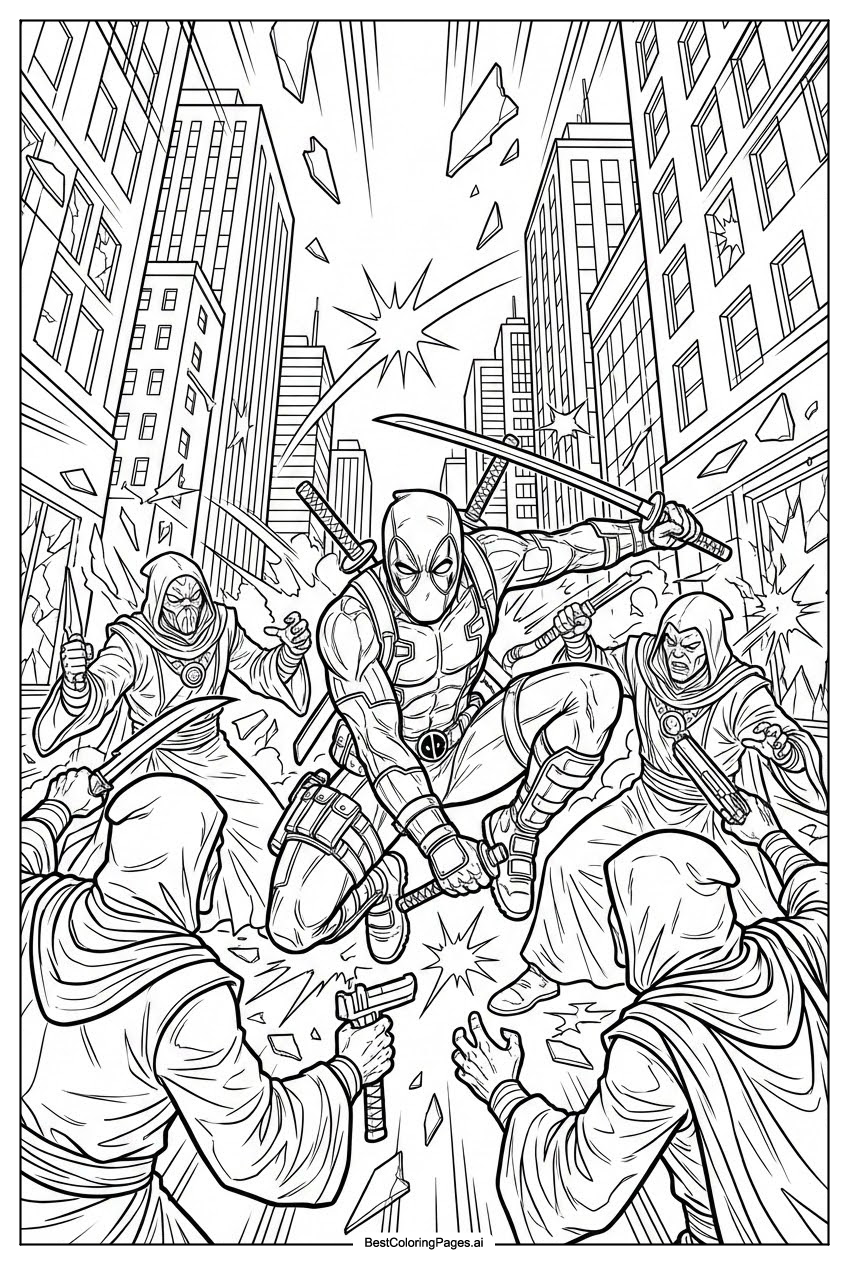 Deadpool fighting villains in city