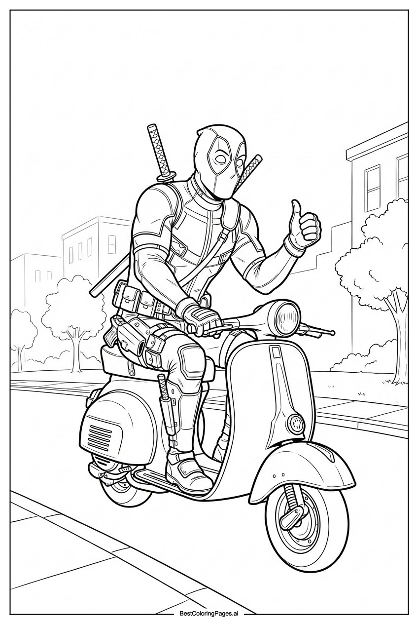 Deadpool riding a scooter