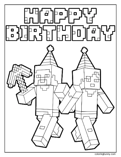 Trang Tô Màu Sinh Nhật Vui Vẻ Alex và Steve Minecraft 2